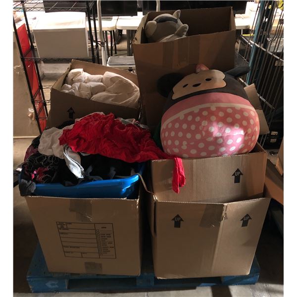 Pallet lot of assorted clothes & misc- includes bedding / shirts / Disney squishmallows etc