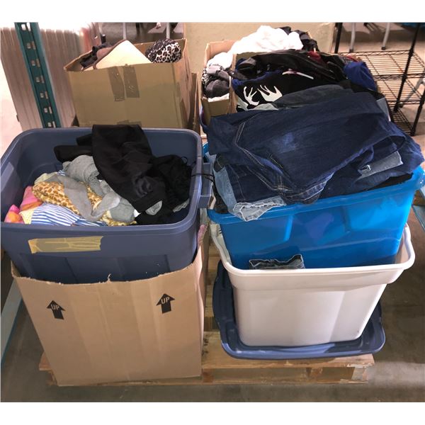 Pallet lot of assorted clothes - includes jeans / biker jacket / lingerie etc