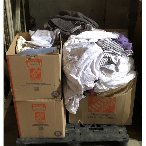 Pallet lot of assorted clothes & bedding