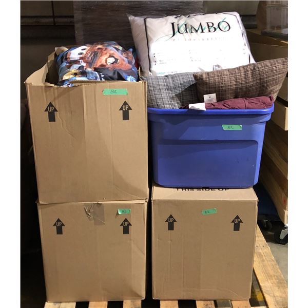 Pallet lot of assorted clothes, bedding & pillows