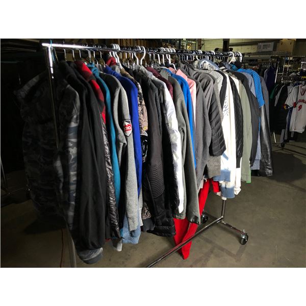 Rack full of assorted clothing - includes hoodies/ winter jackets/ leather jackets (approx. 45pcs) r