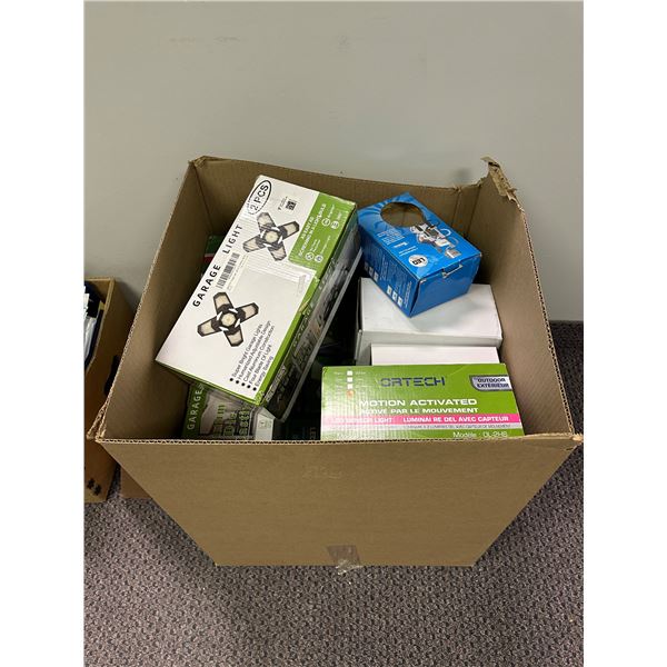 Box full of outdoor lighting - includes Ortech LED sensor light / Garage light / Halogen track light