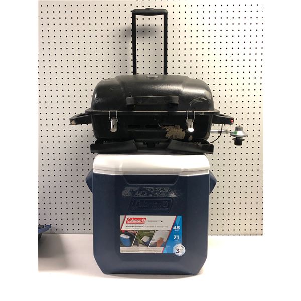 Group of 2 camping items - includes mini grill & Coleman wheeled cooler