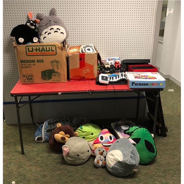 Large group of assorted misc. - includes kids toys / monster trucks / 2 boxes of books / Pop Teen Ti