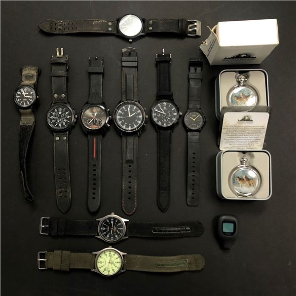 Group of 9 assorted watches for men & 2 Hautman brothers pocket watch wolf