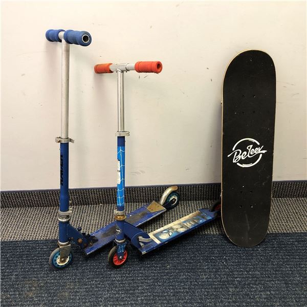 Group of 3 - includes 2 kid scooters (1 Spiderman) & Beleev skateboard