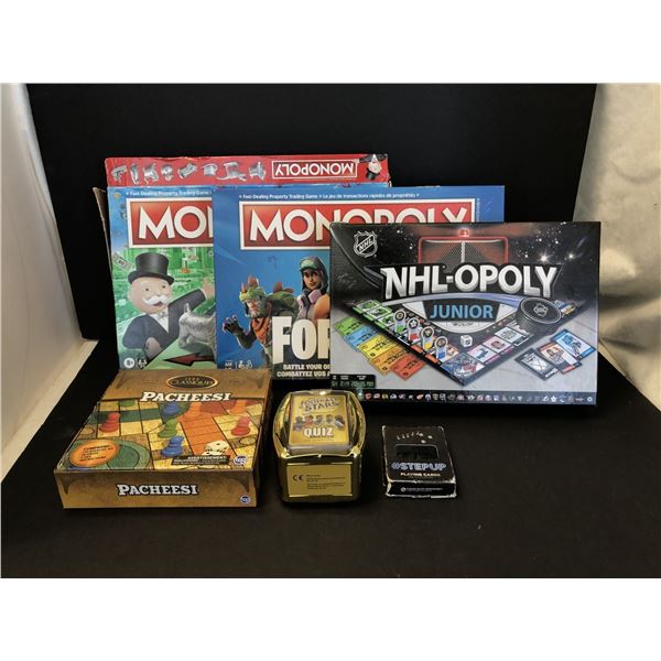 Group of assorted games - includes Monopoly Fortnite / Pachessi / World football stars top trump