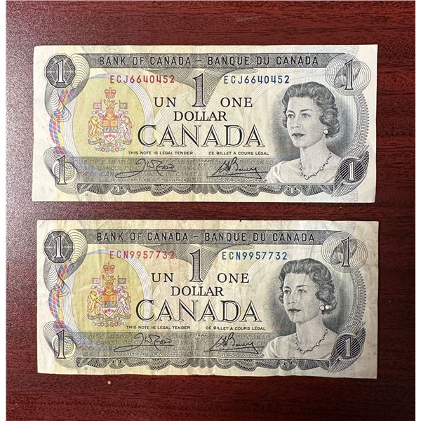 Group of two Bank of Canada 1 dollar bills from 1973