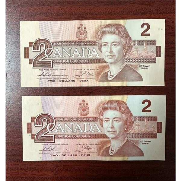 Group of two Bank of Canada 2 dollar bills from 1986