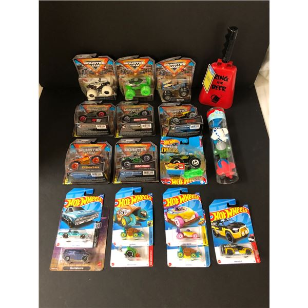 Group of assorted NEW Monster Jams & Hot Wheels cars - approx 16 & a (Ring For Beer) cowbell