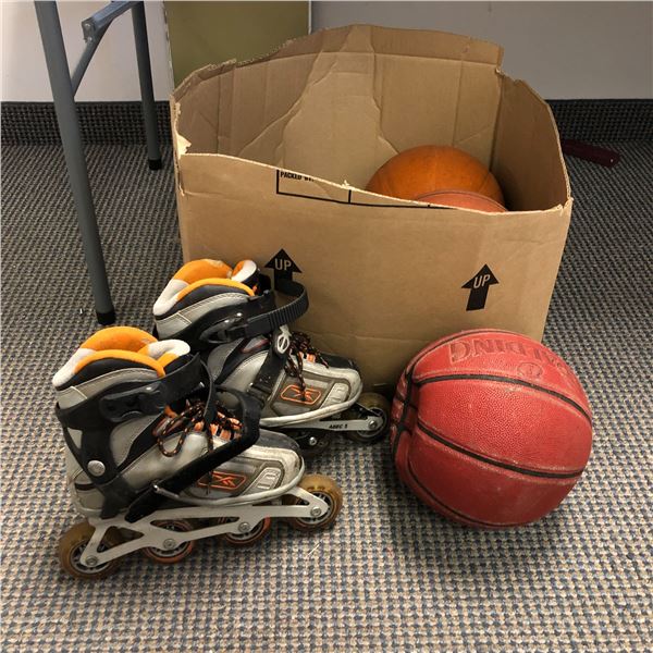 Group of assorted sports related items - includes 3 basketballs / football & Reebok rollerblades Sz5