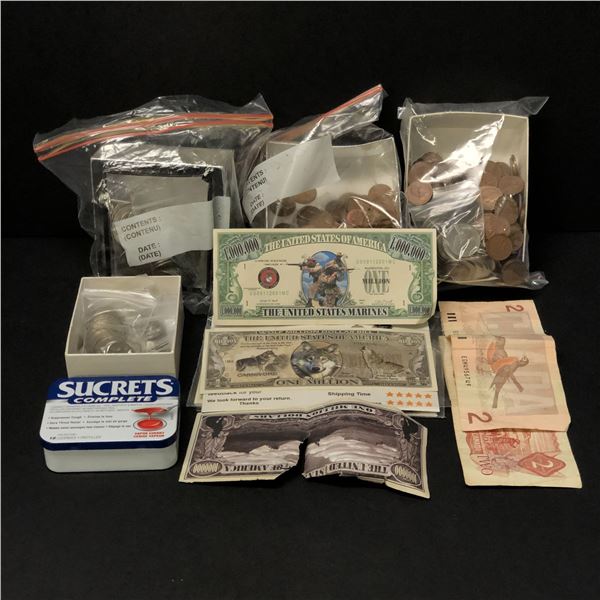 Group of assorted coins & dollar bills - includes vintage Canadian 2 dollar bills from 1970s-80s / T