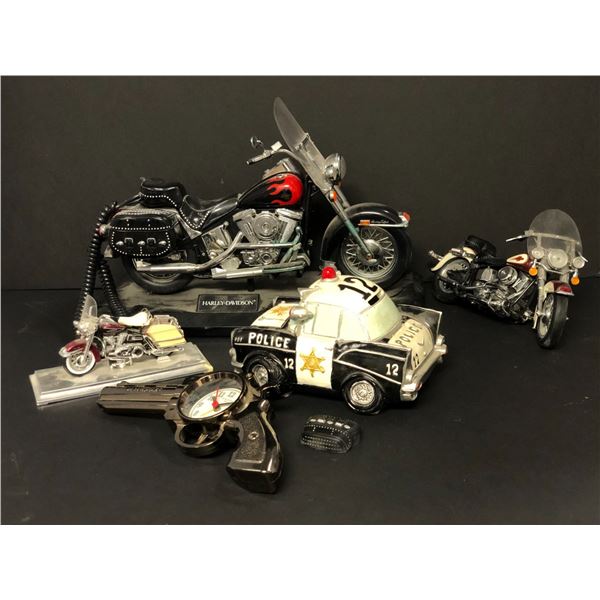 Group of assorted clocks, telephones & die casts - includes Harley Davidson telephone / Police car p