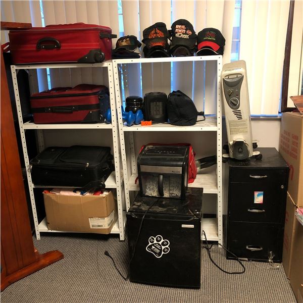 2 rack full of misc items - includes 3 drawer filing cabinet / assorted hats / Mailmate paper shredd