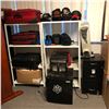Image 1 : 2 rack full of misc items - includes 3 drawer filing cabinet / assorted hats / Mailmate paper shredd