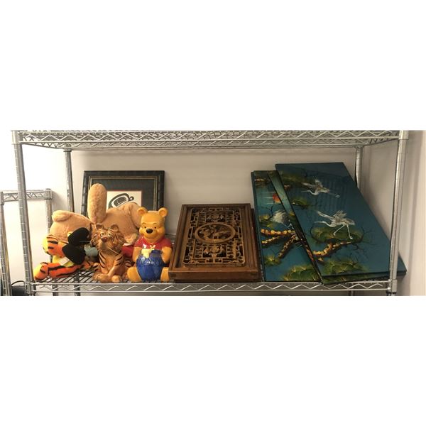 Shelf lot of assorted items - includes Chinese carved panels / Asian lacquered wall hanging / Winnie