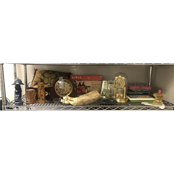 Shelf lot of assorted items - includes mantel clock / Heirloom quartz wall clock / DVDs etc