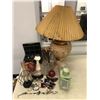 Image 1 : Group of assorted decorative items - includes wood carved table lamp / vases / sunglasses etc