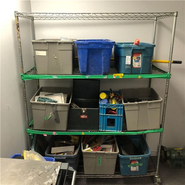 Rack full of assorted tool related items & misc - includes wrenches / wall plates / pipe wrenches /