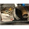 Image 2 : Rack full of assorted tool related items & misc - includes PPE face shield / stainless steel wine ba