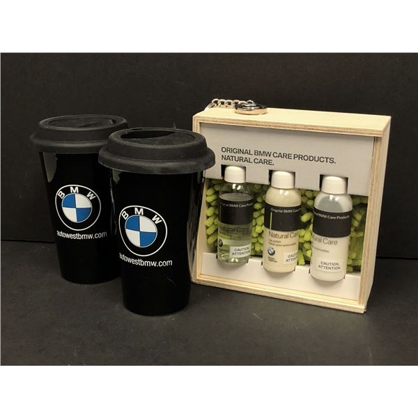 Original BMW care products pack w/ 2 BMW 11 oz coffee mugs