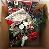 Image 2 : Box full of misc Christmas decorations - includes Santa Clause holding gifts statue / red metal box