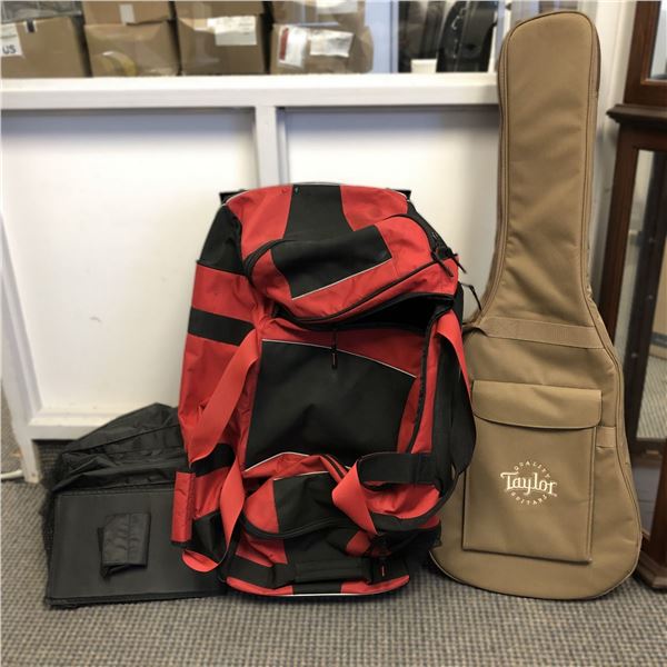 Group of assorted misc items - includes Taylor guitar case / Wheeled Rolling Duffel Bag & 2 Hanging