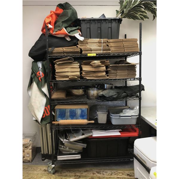 Rack full of assorted misc items - includes steel framed canopy / shipping boxes / pots & pans / tot