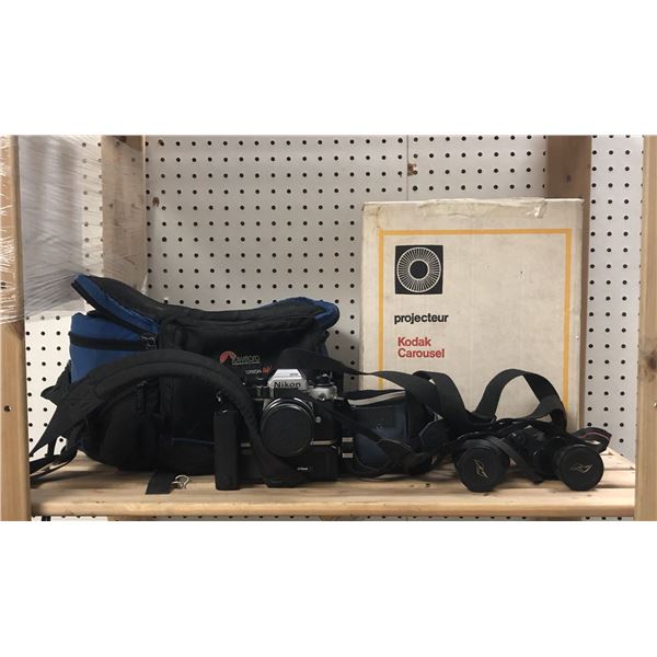 Group of assorted cameras & projector - includes Nikon FA camera / Canon powershot SX100 / Kodak pro