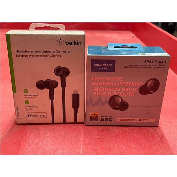 Belkin headphones w/ lightning connector & Soundcore by Anker wireless noise cancelling earbuds
