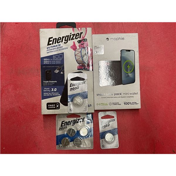 Group of assorted batteries - Mophie Snap+Juicepack mini wallet wireless charger/ Energizer Ultimate