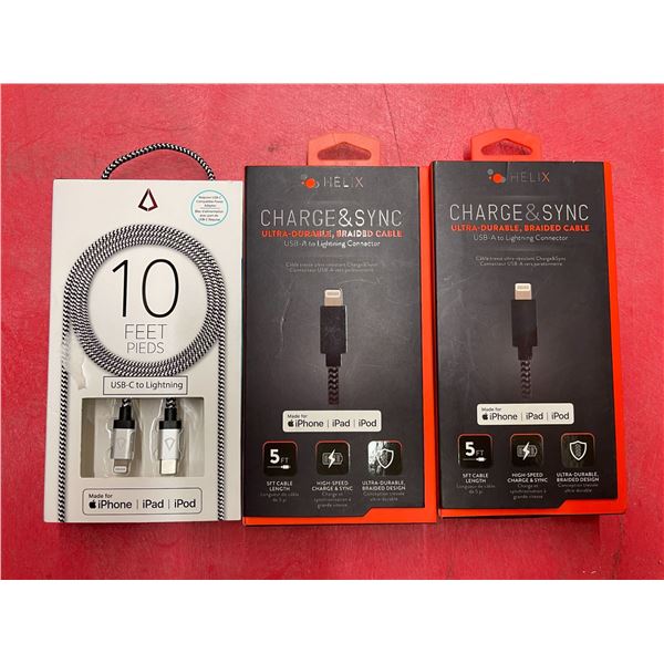 Group of 2 new Helix charge & sync USB-A to Lightning connector & LBT USB-C to Lightning cable 10ft