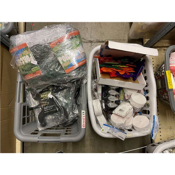 2 totes full of misc. - fishing gear/ Birthday candles & decor etc.