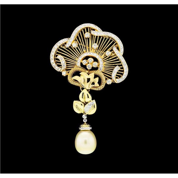 2.65 ctw Diamond and Pearl Pendant-Pin - 18KT Yellow Gold