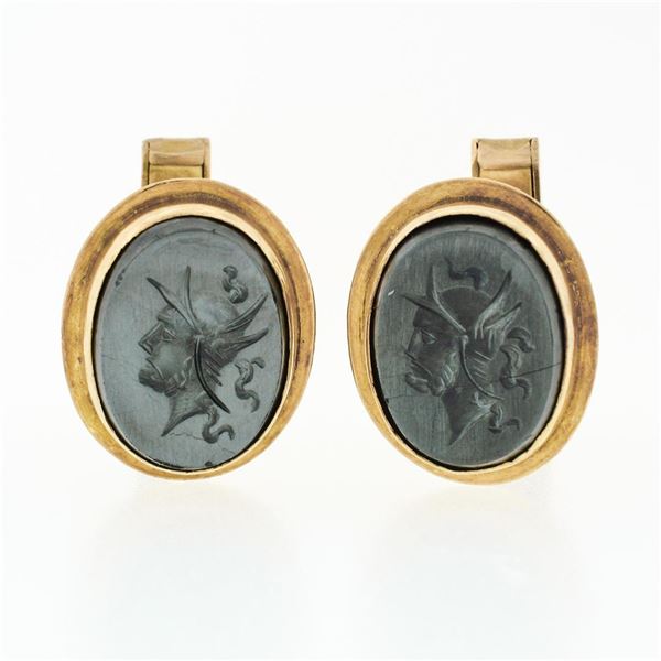 Vintage Men 18k Gold Oval Carved Intaglio Gray Hematite Knight Trojan Cuff Links