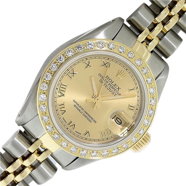 Rolex Ladies 2T 18K Yellow Gold And Stainless Steel Champagne Diamond Watch