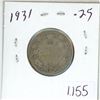 Image 1 : 1931 Canadian silver 25 cent coin