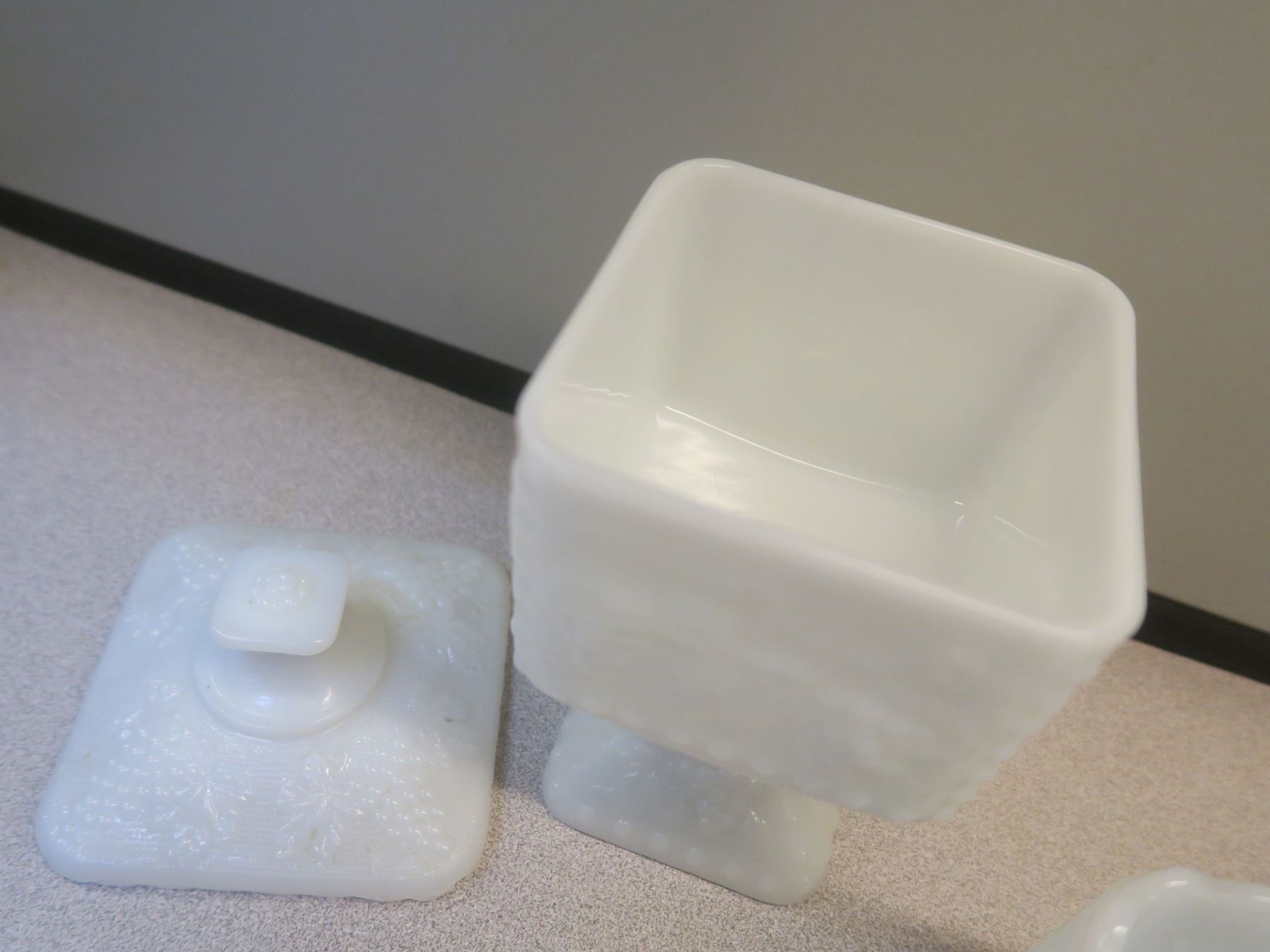 “Fire King” Milk Glass Fruit Bowl, 3 Canister Set Schmalz Auctions