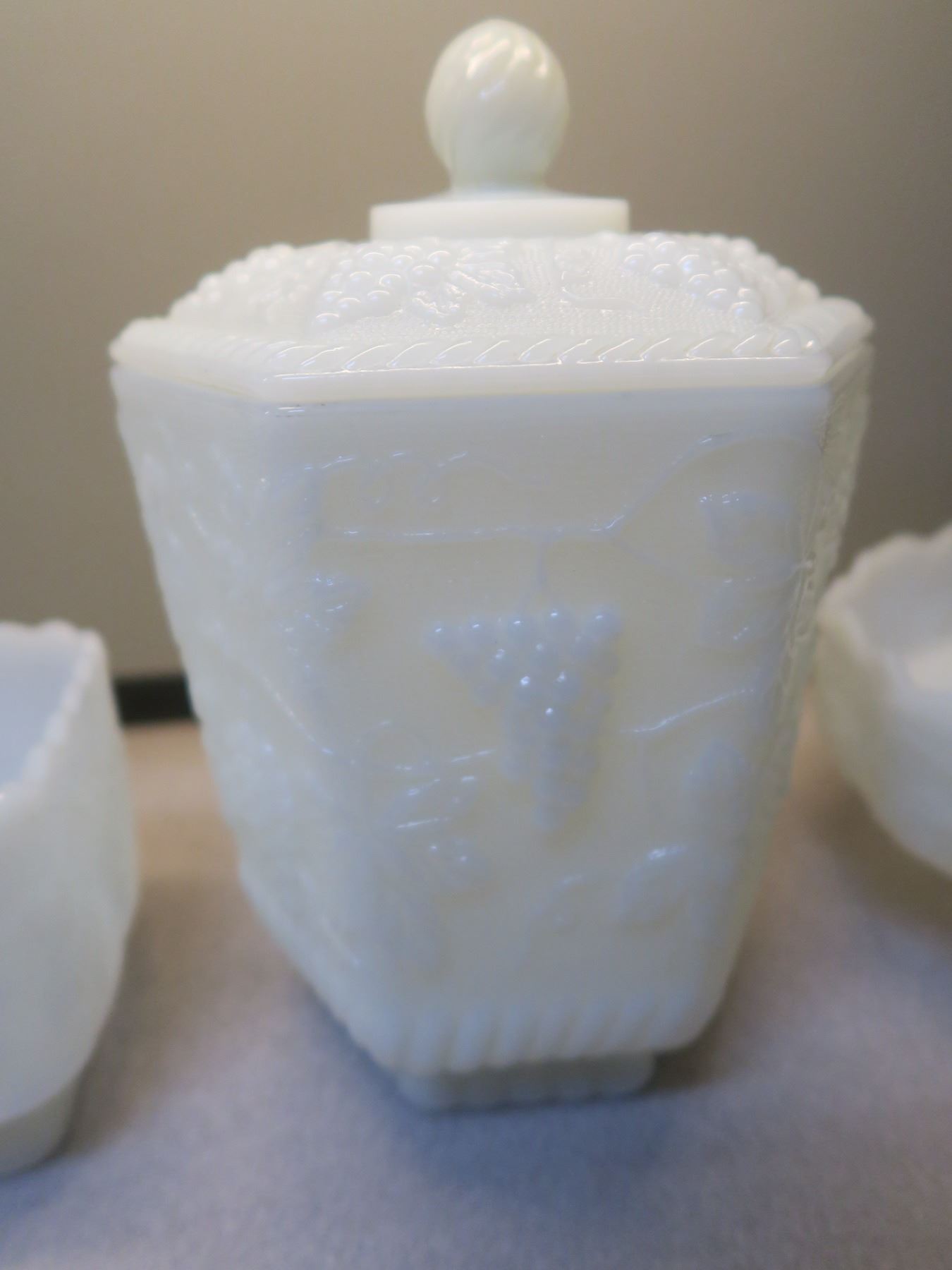 “Fire King” Milk Glass Fruit Bowl, 3 Canister Set Schmalz Auctions