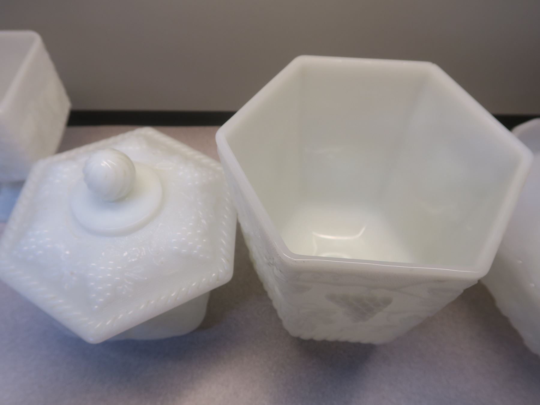 “Fire King” Milk Glass Fruit Bowl, 3 Canister Set Schmalz Auctions