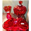 Image 2 : 3 pieces of Amberina and red, art glass, including signature of artist on vase. The pedestal dish ha
