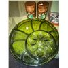 Image 2 : Vintage Indiana glass, avocado colour, devilled egg dish, and same coloured, round, divided serving 
