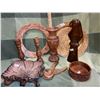 Image 2 : Collection of 9 assorted, vintage, wood carved pieces, including candle stick holders, vase, dishes,