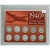 1940s The Golden Years of the Mercury Dime. Lot of 10 different Silver Mercury Dimes including diffe