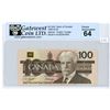 Image 1 : 1988 Canadian 100 dollar bill - Knight/Dodge - Prefix BJS 2081965 - GWC graded UNC-64