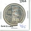 755  1958, one dollar coin, .6 oz silver