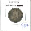 Image 1 : 1908 Canadian 25 cent silver coin