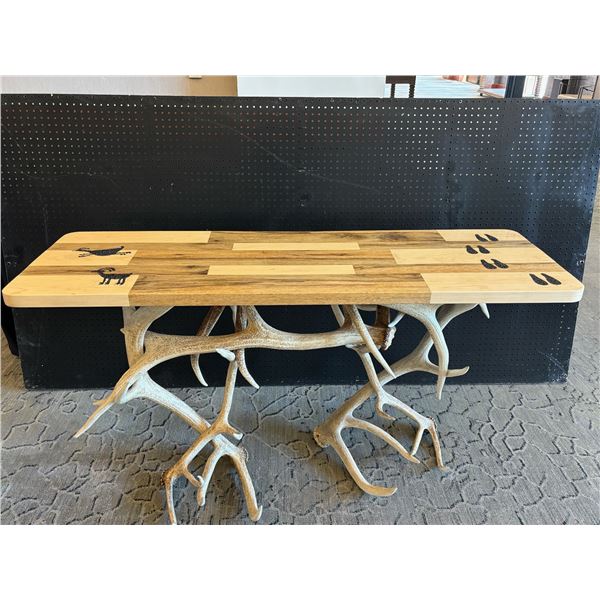 Elk Antler Sofa Table w/  Maple & Zebra Wood Random Plank Top Including Black Glass Sheep Track and 