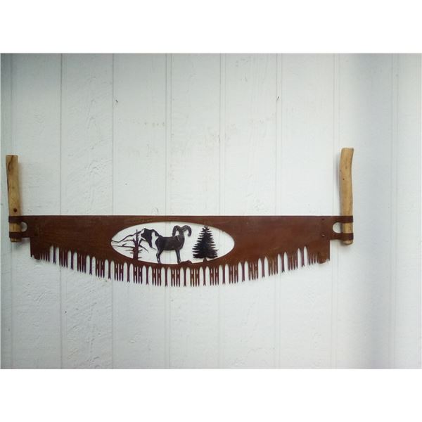 Two Man Gang Saw Decoritve Wall Hanging w/ Sheep Background