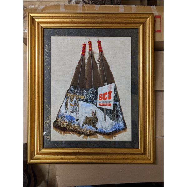 Turkey Feathers Painted with a Beagle Pursuing a Rabbit